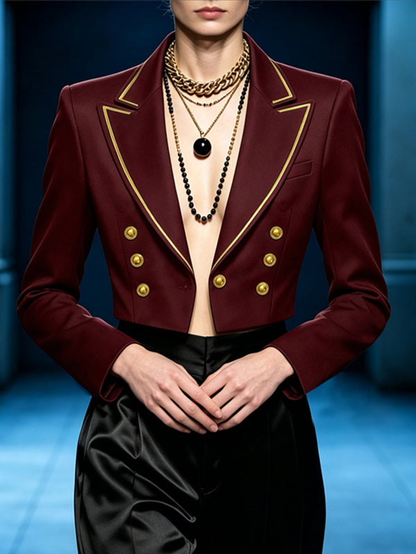 Men's Retro Party Gold Piping Double-Breasted Button Cropped Long Sleeve Blazer SKUL81157