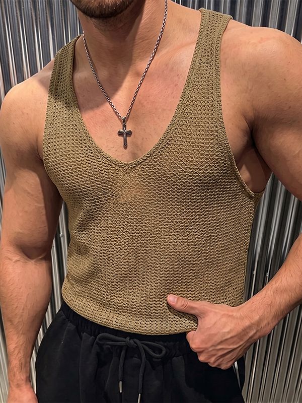 Men's Y2K High-Street Open-Knit Deep V-Neck Fitted Tank SKUL78002