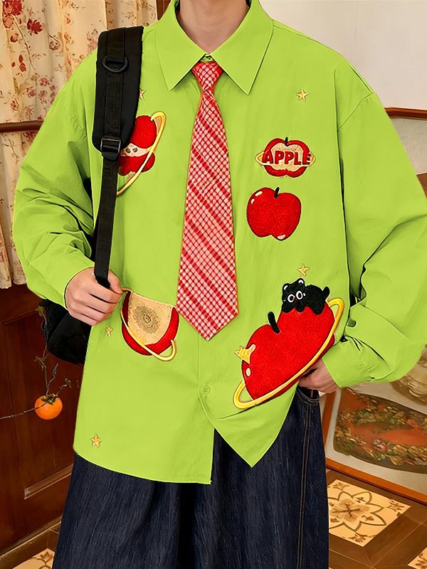 Men's Apple Print Plaid Long Sleeve Shirt SKUL46132