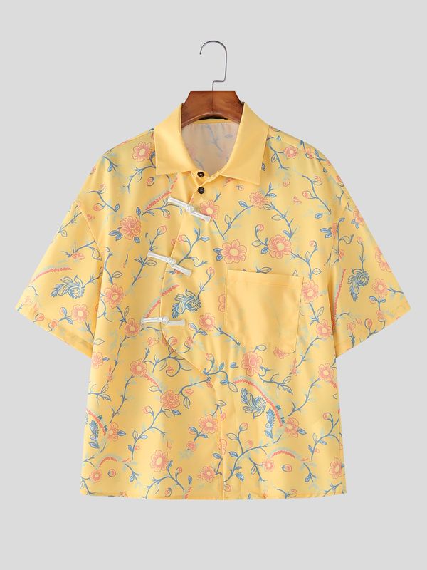 Men's Asymmetrical Vintage Floral Print Frog Button Boxy Shirt SKUL60912