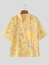 Men's Asymmetrical Vintage Floral Print Frog Button Boxy Shirt SKUL60912
