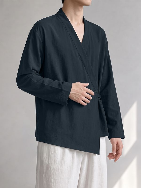 Men's Retro Resort Cross Wrap Asymmetrical Hem Side Button Long Sleeve V-Neck Cardigan SKUL77326