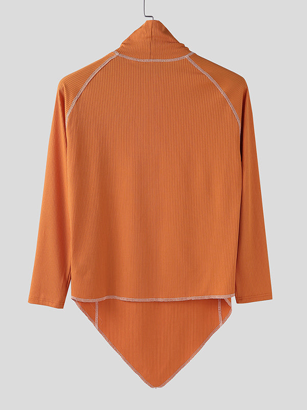 Men's Leather Buckle Patchwork Irregular Hem Long Sleeve T-Shirt SKUL30456