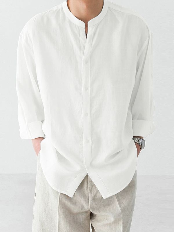 Men's Clean Casual Resort Mandarin Collar Long Sleeve Shirt SKUL79525