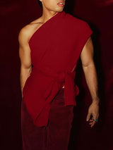 Men's Avant-Garde Asymmetrical One-Shoulder Side Tie-Knot Ribbed Texture Tank SKUL60919