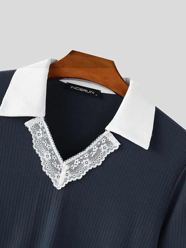 Men's Lace Patchwork Contrast Lapel Long Sleeve Shirt SKUL25985