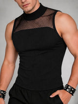 Men's Avant-Garde Mock Neck Mesh Patchwork Deconstructed Fitted Tank SKUL73728