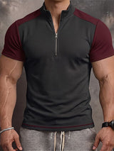 Men's Tactical Techwear Color-Block Half-Zip Stand Collar Waffle Knit Short Sleeve T-shirt SKUL73227