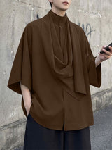 Men's Ribbon Design Loose Stand Collar 3/4 Length Sleeve Shirt SKUL51896