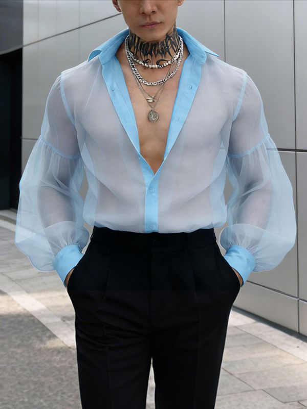 Men's Avant-Garde Sheer Organza Bishop Sleeve Romantic Regency Shirt SKUL56302