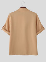 Men's Avant-Garde Neo-Chinese Asymmetric Drape-Collar Drop-Shoulder Roll-Up Sleeve Shirt SKUL75818