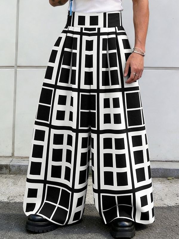 Men's Avant-Garde Graphic Grid Pattern High-Waisted Wide-Leg Pant SKUL61663