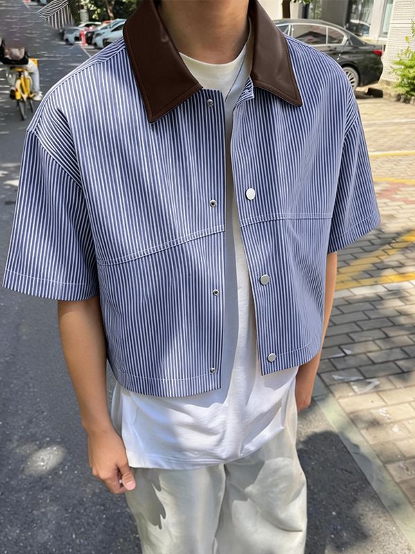 Men's Striped Utility Cropped Short Sleeve Shirt SKUL58669