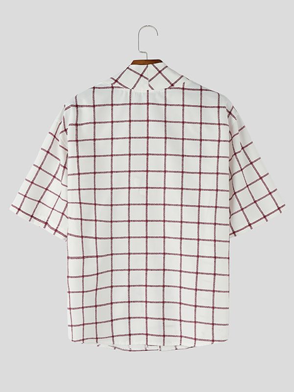 Men's Asymmetric Placket Plaid Frog Button Half Sleeve Shirt SKUL61924