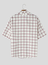 Men's Asymmetric Placket Plaid Frog Button Half Sleeve Shirt SKUL61924