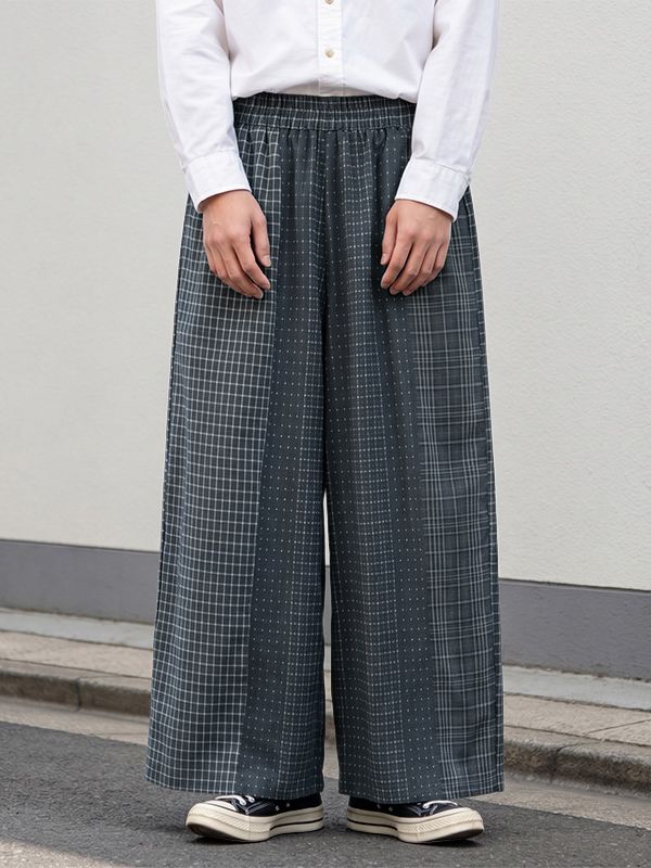 Men's Vintage Japanese Harajuku Multi-Pattern Plaid Stripe Wide Leg Pant SKUL62095