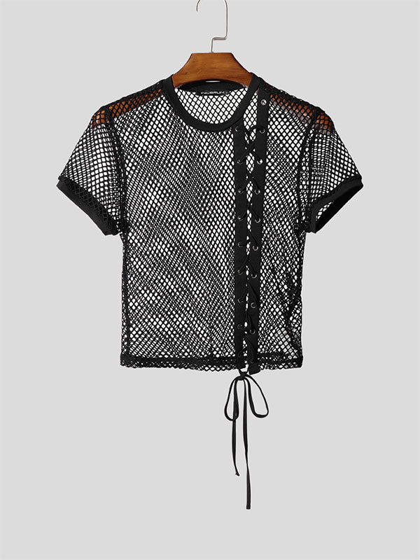 Mens Sheer Mesh Drawstring Cropped Short Sleeve T-Shirt SKUL17037