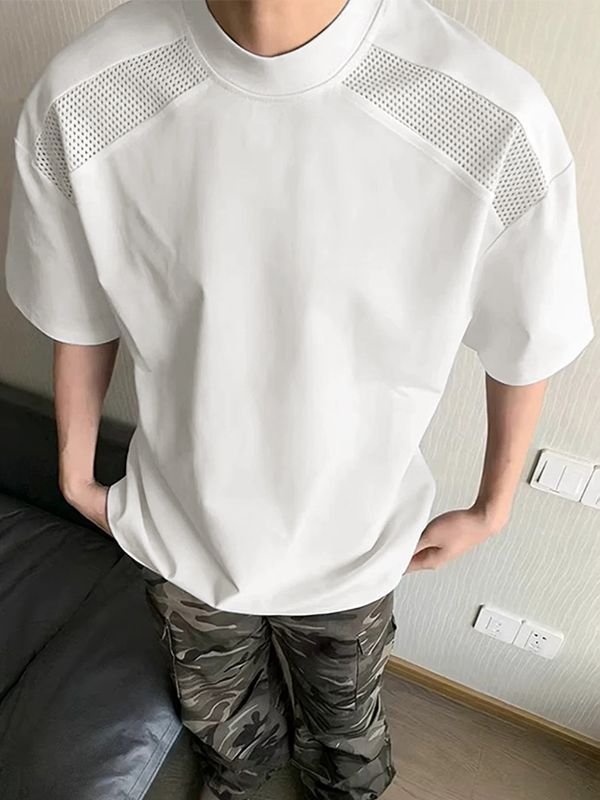 Men's Techwear Shoulder Mesh Panel Mock Neck Short Sleeve T-Shirt SKUL68988