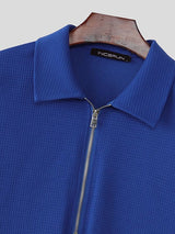 Men's Solid Color Textured Half Zip Short Sleeve T-shirt SKUL47895