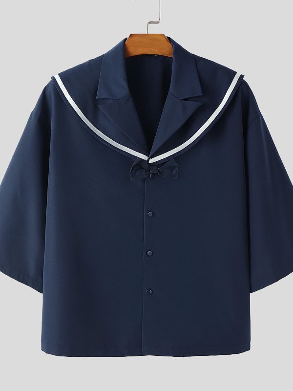 Men's Bow Patchwork Sailor Collar Casual Shirt SKUL41389