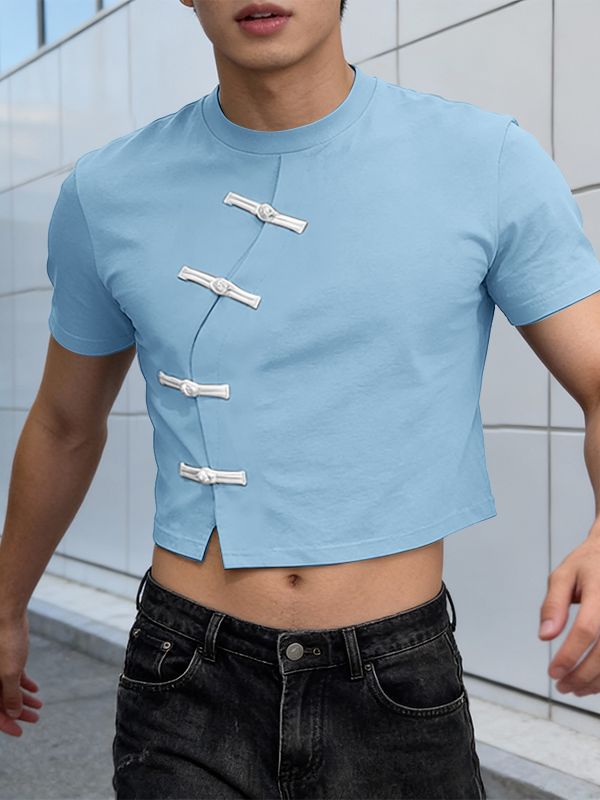 Men's New Chinese Style Frog Button Cropped Short Sleeve T-shirt SKUL56545