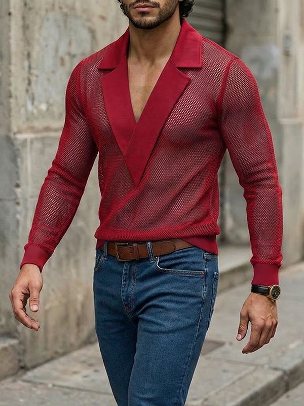 Men's Sheer Mesh V Neck Long Sleeve T-shirt SKUL54086
