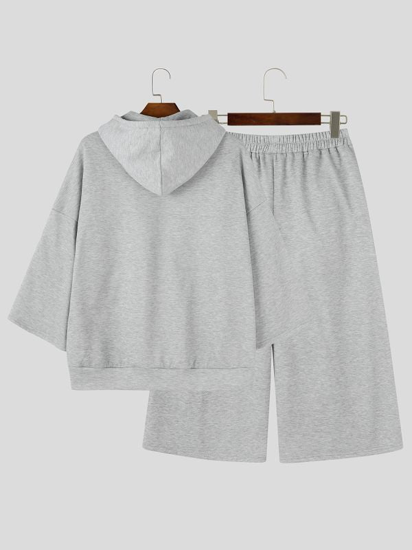 Men's Clean Fit Urban Casual Drop Shoulder Kangaroo Pocket Half Sleeve Two Pieces Outfit SKUL83947