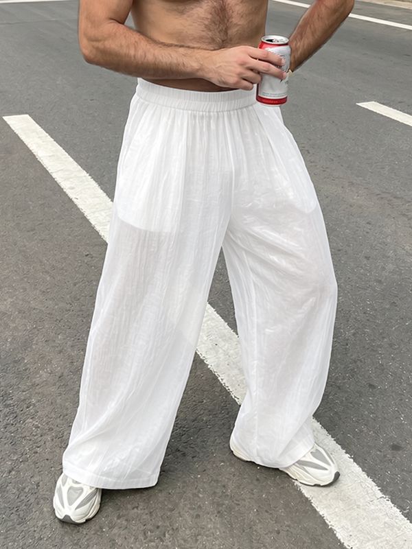 Men's Vintage Boho Sheer Mesh Plated Crinkled Loose Straight Wide Leg Pant SKUL70412