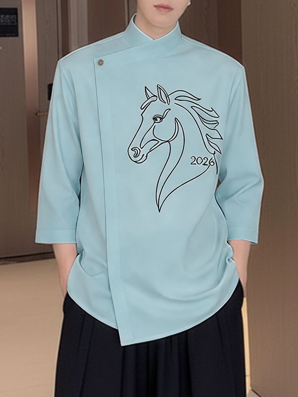 Men's Horse Zodiac Print Asymmetric Placket Shirt SKUL50569