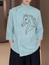Men's Horse Zodiac Print Asymmetric Placket Shirt SKUL50569