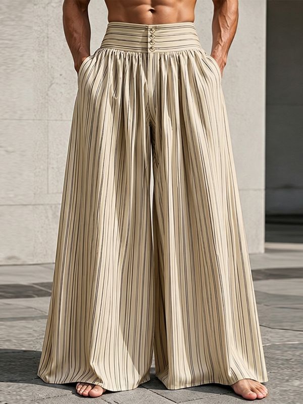 Men's Beach Resort Striped High-Waisted Pleated Wide Leg Palazzo Pant SKUL73614