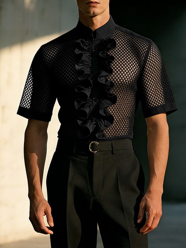 Men's French Ruffle Mesh Design Short Sleeve Shirt SKUL63170