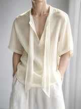 Men's French Romanticism Integrated Hanging Ribbon Drapes Deep V-Neck Shirt SKUL74831