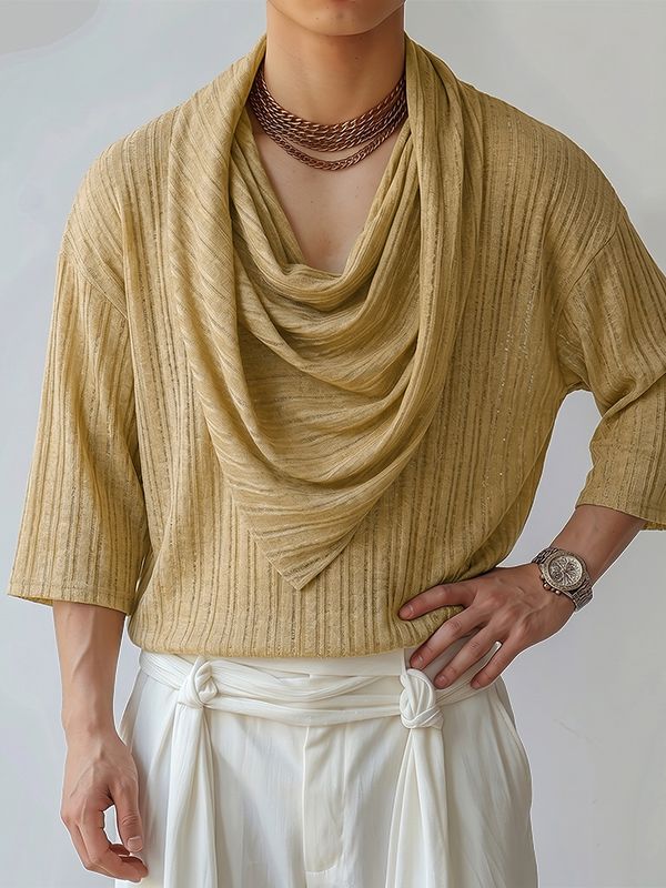 Men's Stylish Party Ribbed Cowl Neck Three Quarter Sleeve T-shirt SKUL74584