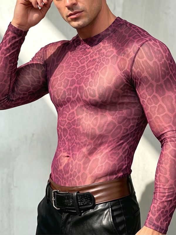 Men's Sexy Clubwear Sheer Leopard Pattern Second Skin Muscle Fit Long Sleeve Crew Neck T-shirt SKUL82464