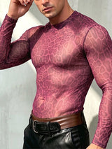 Men's Sexy Clubwear Sheer Leopard Pattern Second Skin Muscle Fit Long Sleeve Crew Neck T-shirt SKUL82464