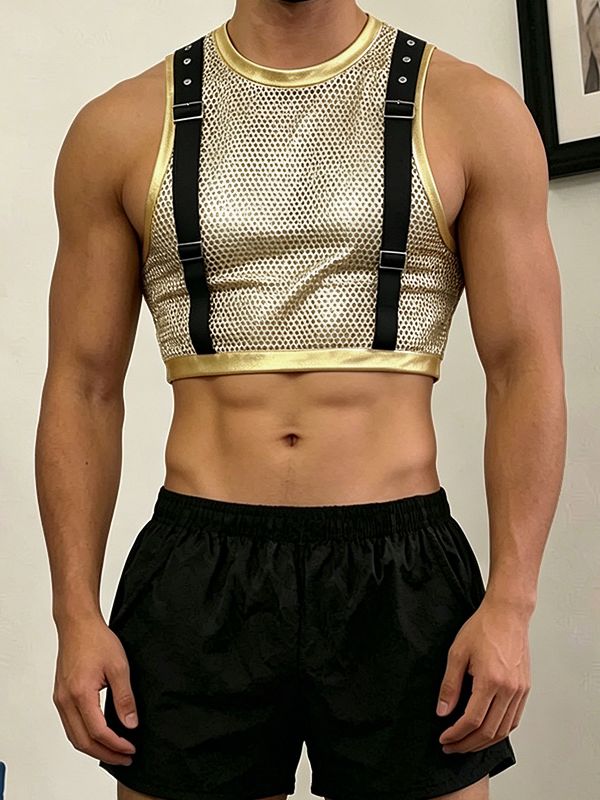 Men's Sexy Avant-Garde Metallic Mesh Suspenders Crop Tank SKUL63029