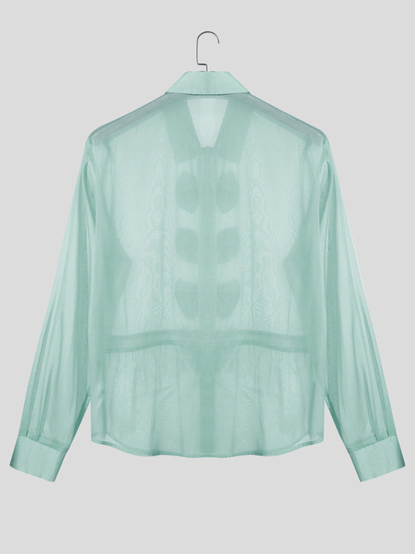 Men's Bow Patchwork Sheer Long Sleeve Shirt SKUL25105