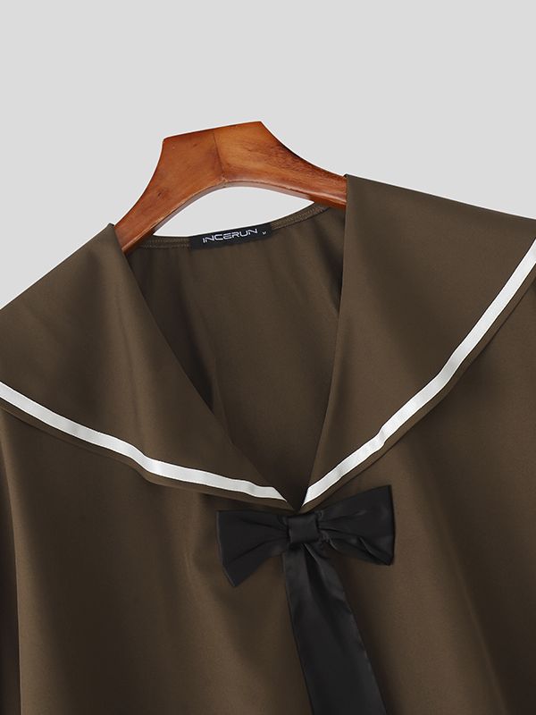 Men's Solid Color Sailor Collar Cropped Short Sleeve Shirt SKUL45413