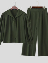 Men's Solid Navy Collar Casual Two Pieces Outfit SKUL33040