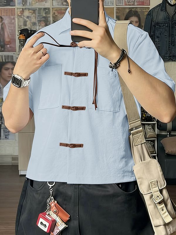 Men's Solid Color New Chinese Style Frog Button Short Sleeve Shirt SKUL57120