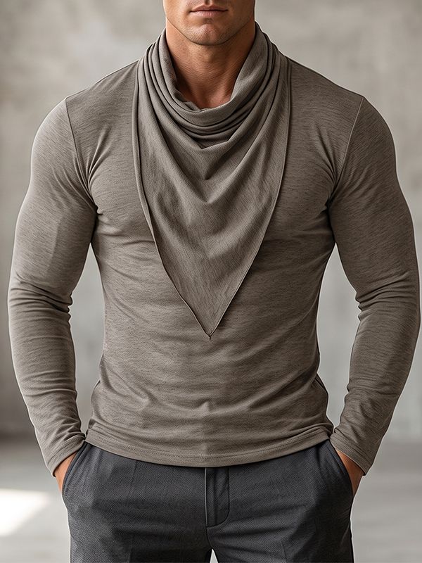 Mens Draped Neck Ruffled Long Sleeve T-Shirt SKUK83713