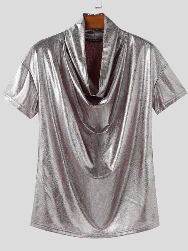 Men's Shiny Cowl Neck Short Sleeve T-Shirt SKUL40150