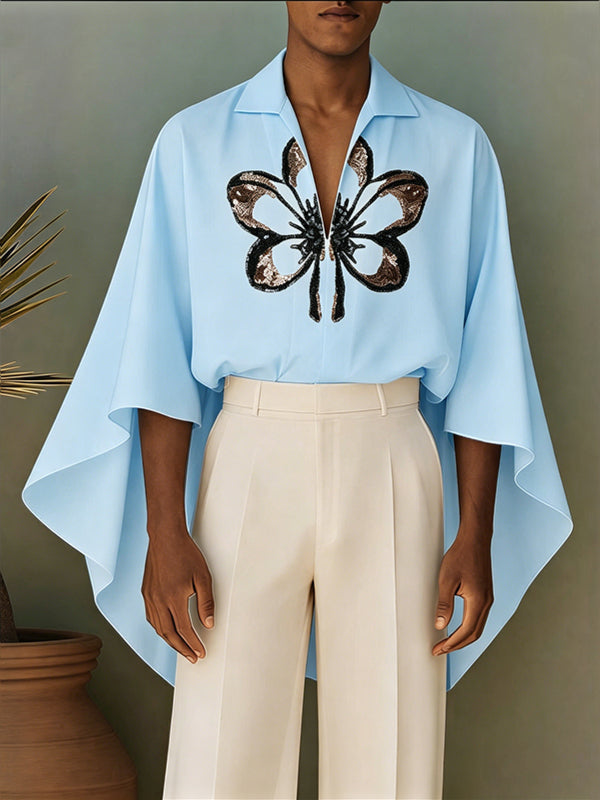 Men's Avant-Garde Butterfly Sequin Print Cape-Sleeve Flowing Shirt SKUL66950