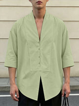 Men's Avant-Garde Zen Deep V-Neck Paneled Boxy Shirt SKUL63976