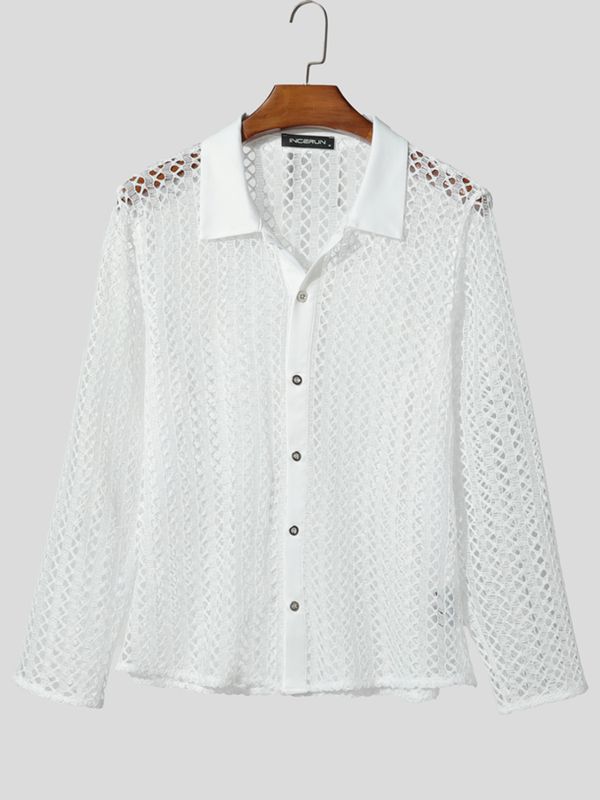 Men's Beach Resort Open Knit Mesh Sheer Long Sleeve Button Down Polo Shirt SKUL73669