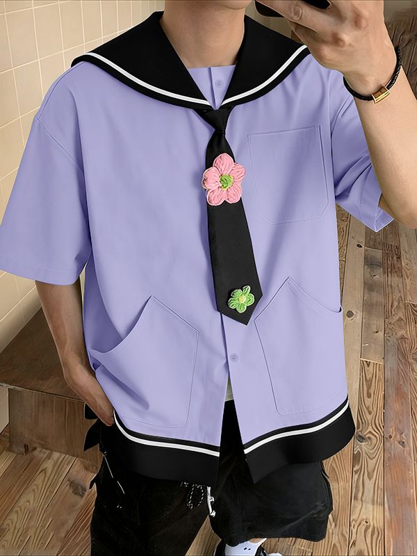 Men's Preppy Sailor Collar Contrast Color Short Sleeve Shirt SKUL41203