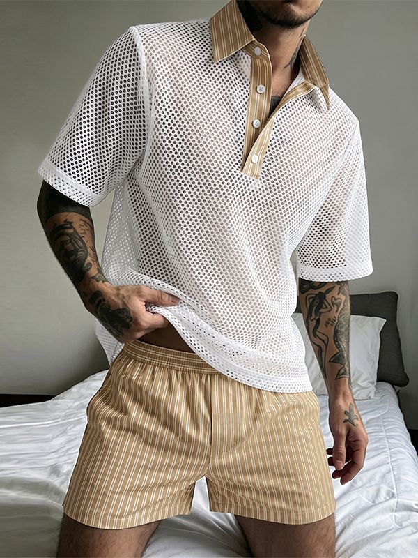 Men's Vintage Casual Stripe Contrast Mesh Two Pieces Outfit SKUL70356