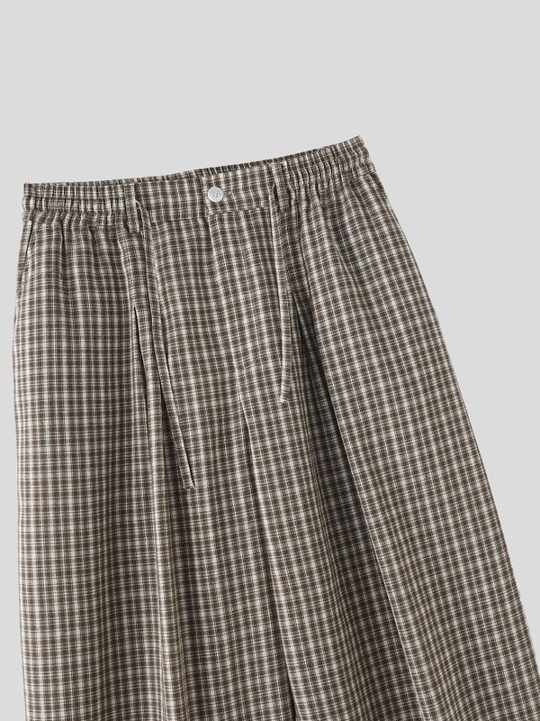 Men's Vintage Cityboy Gingham Plaid Contrast Layered Cuff Baggy Wide-Leg Pant SKUL69700