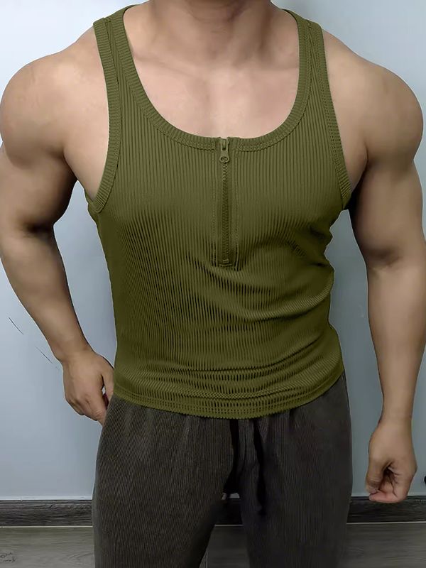 Men's Gym Bodybuilding Ribbed Textured Half Zipper Deep V-Neck Tank SKUL65389